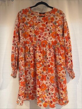 Women's Orange Floral Long-Sleeve Babydoll Dress